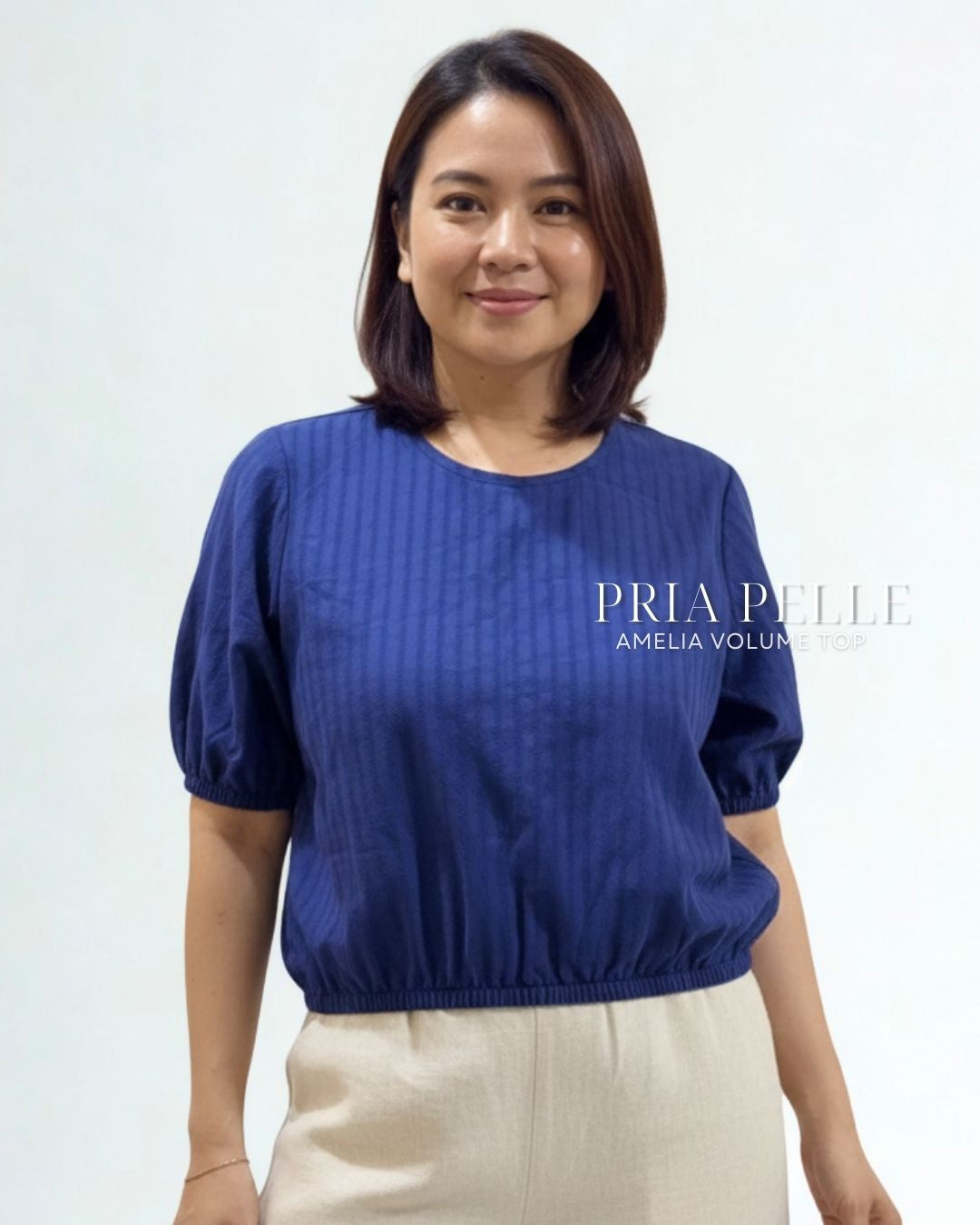 Pria Pelle Amelia Volume Top - Cotton Textured Rhino Blue Stripes | Non Stretch