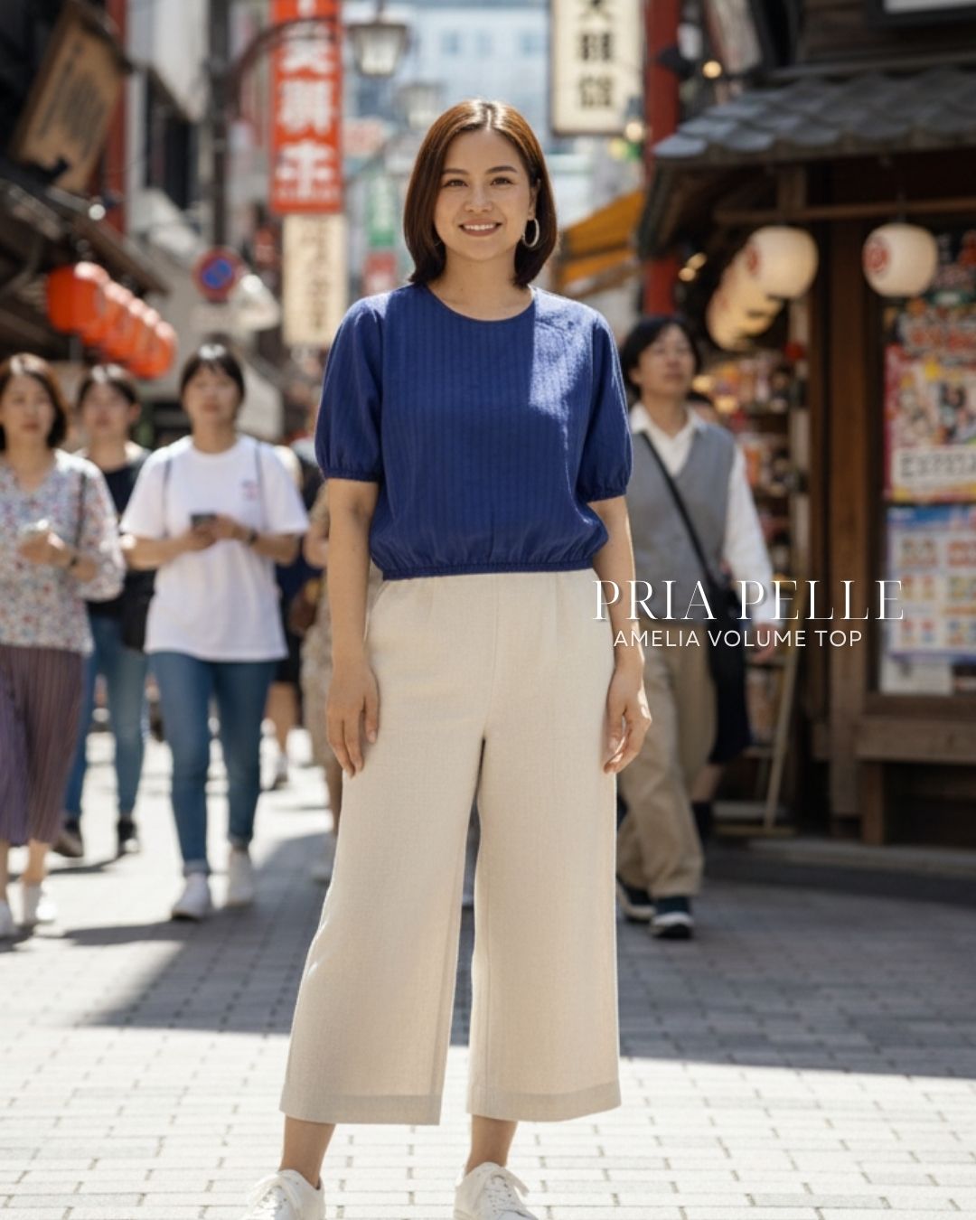 Pria Pelle Amelia Volume Top - Cotton Textured Rhino Blue Stripes | Non Stretch