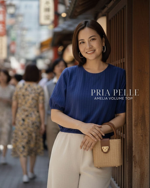 Pria Pelle Amelia Volume Top - Cotton Textured Rhino Blue Stripes | Non Stretch