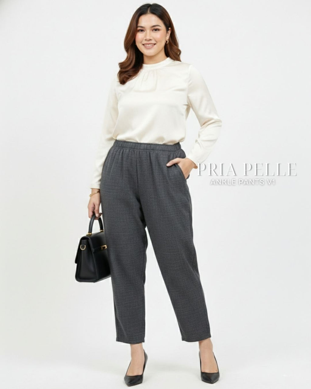 Pria Pelle Ankle Pants Version 1 | Fully Gartered - Cotton Blend Plaid Charcoal Gray | Non Stretch