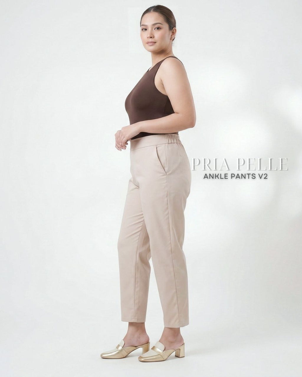 Pria Pelle Ankle Pants Version 2 | Back Garter - Light Cotton Blend Cool Beige with Stretch
