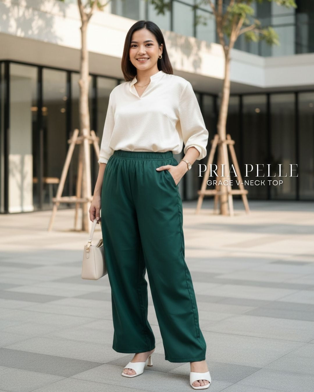 Pria Pelle Easy Wide Leg Pants in Cotton Blend Dark Green