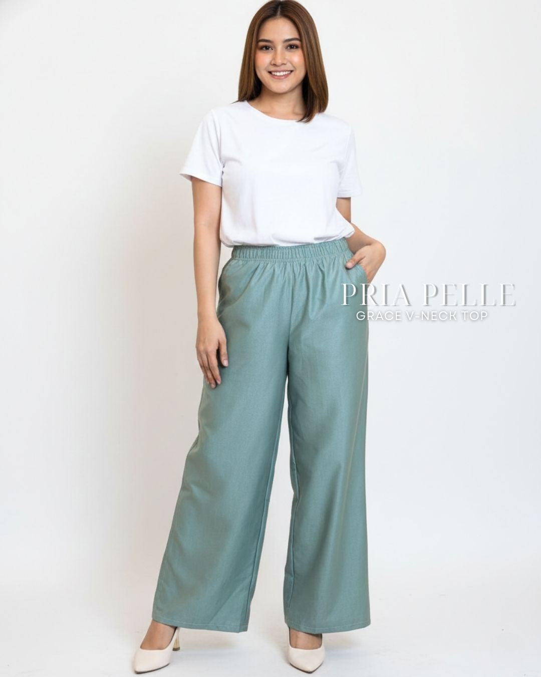 Pria Pelle Easy Wide Leg Pants in Cotton Blend Sage