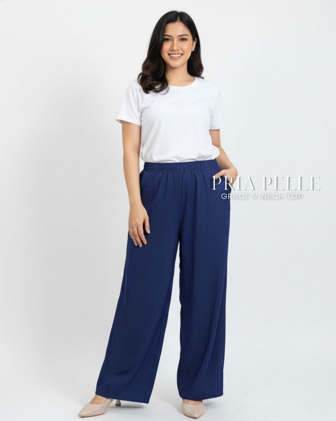 Pria Pelle Easy Wide Leg Pants in Cotton Blend Dark Blue Polka Dots