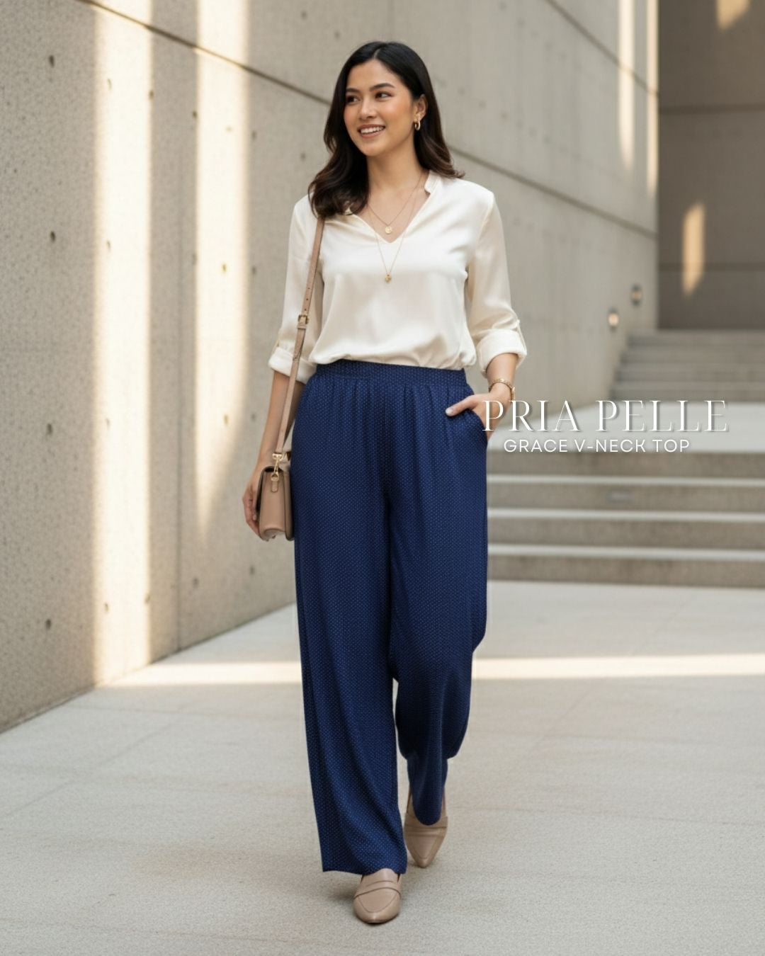 Pria Pelle Easy Wide Leg Pants in Cotton Blend Dark Blue Polka Dots