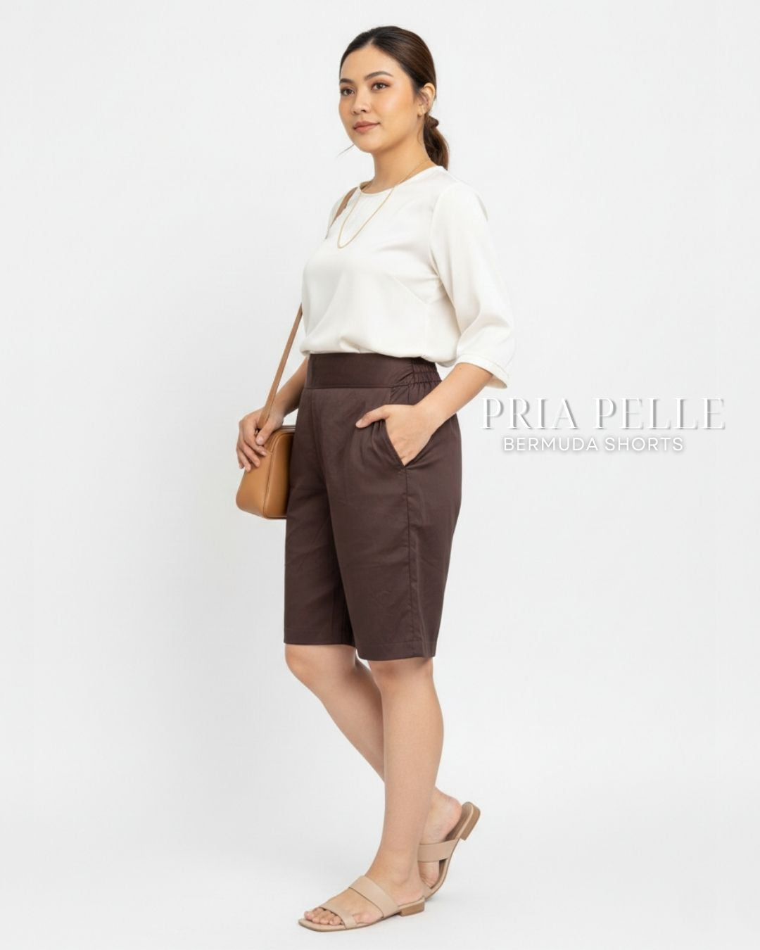 Pria Pelle Bermuda Shorts | Back garter - Cotton Blend Pecan Brown | Non Stretch