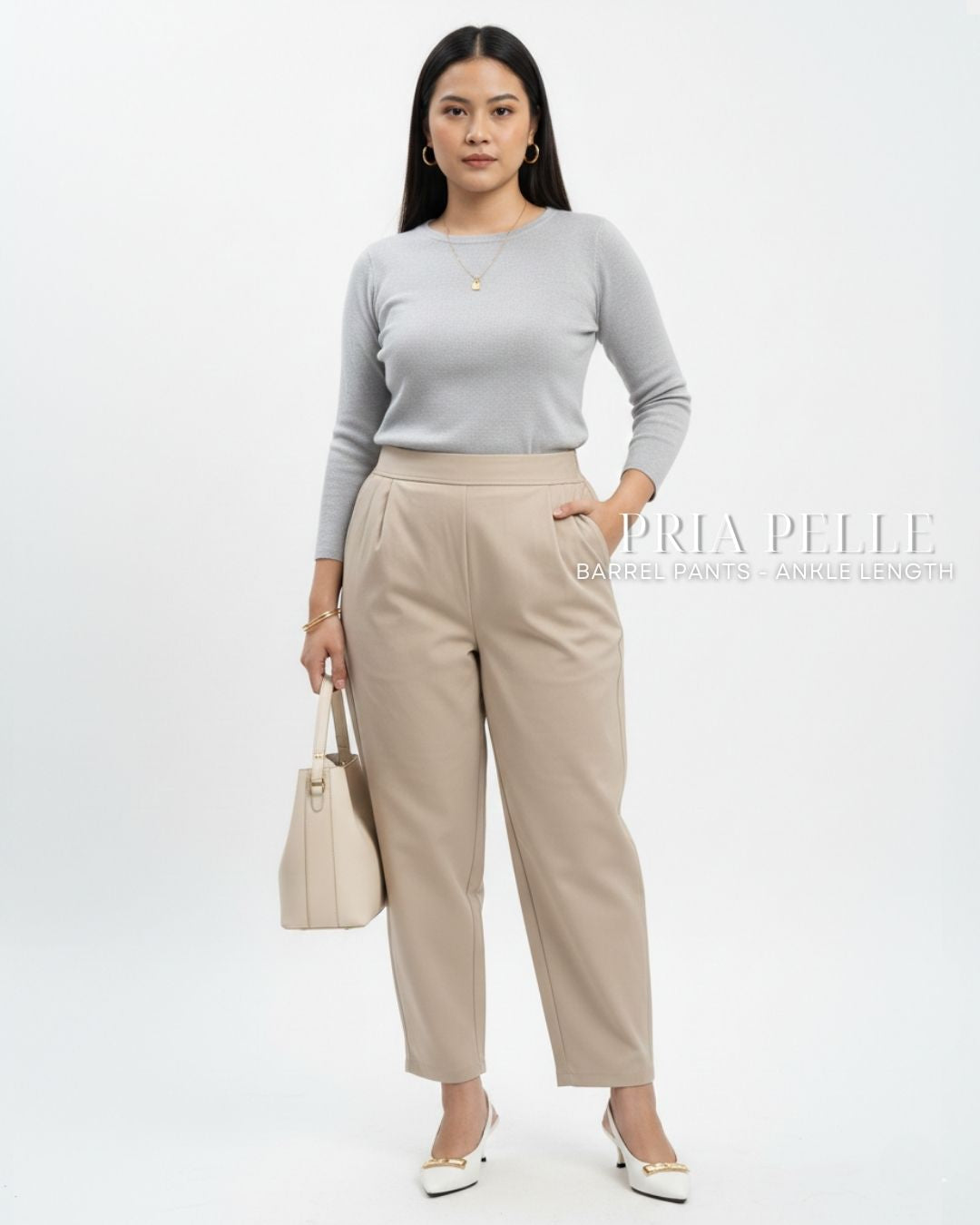 Pria Pelle Barrel Pants | Ankle Length - Cotton Blend Warm Khaki | Non Stretch