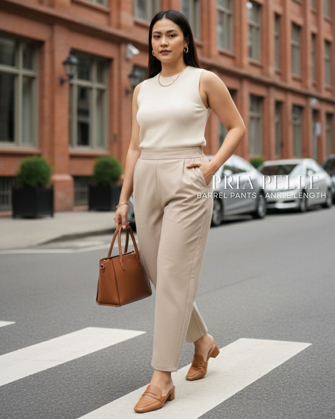 Pria Pelle Barrel Pants | Ankle Length - Cotton Blend Warm Khaki | Non Stretch