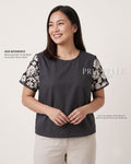 Pria Pelle Bianca Laced Sleeve Top - Cotton Blend Dark Charcoal | Non Stretch