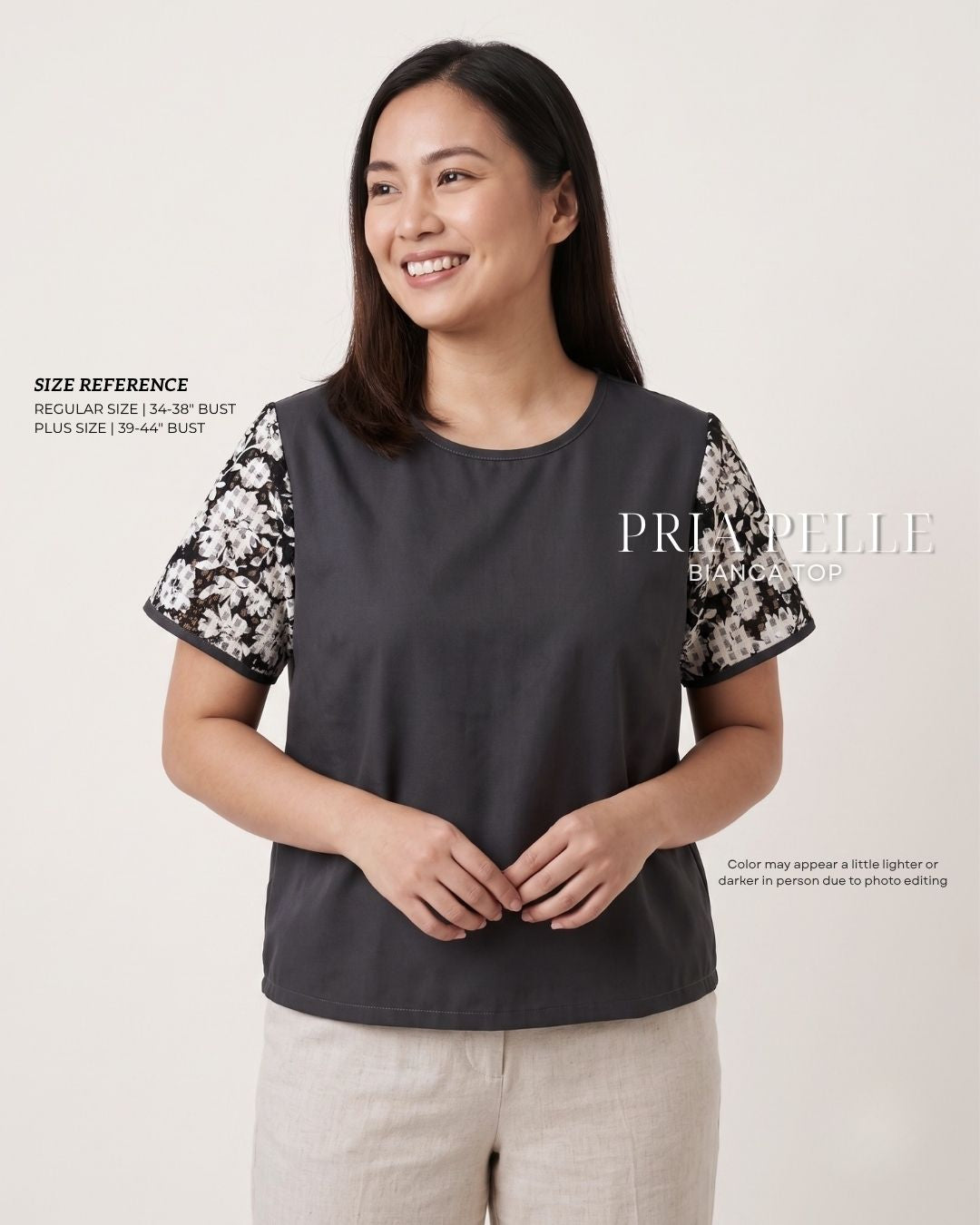 Pria Pelle Bianca Laced Sleeve Top - Cotton Blend Dark Charcoal | Non Stretch