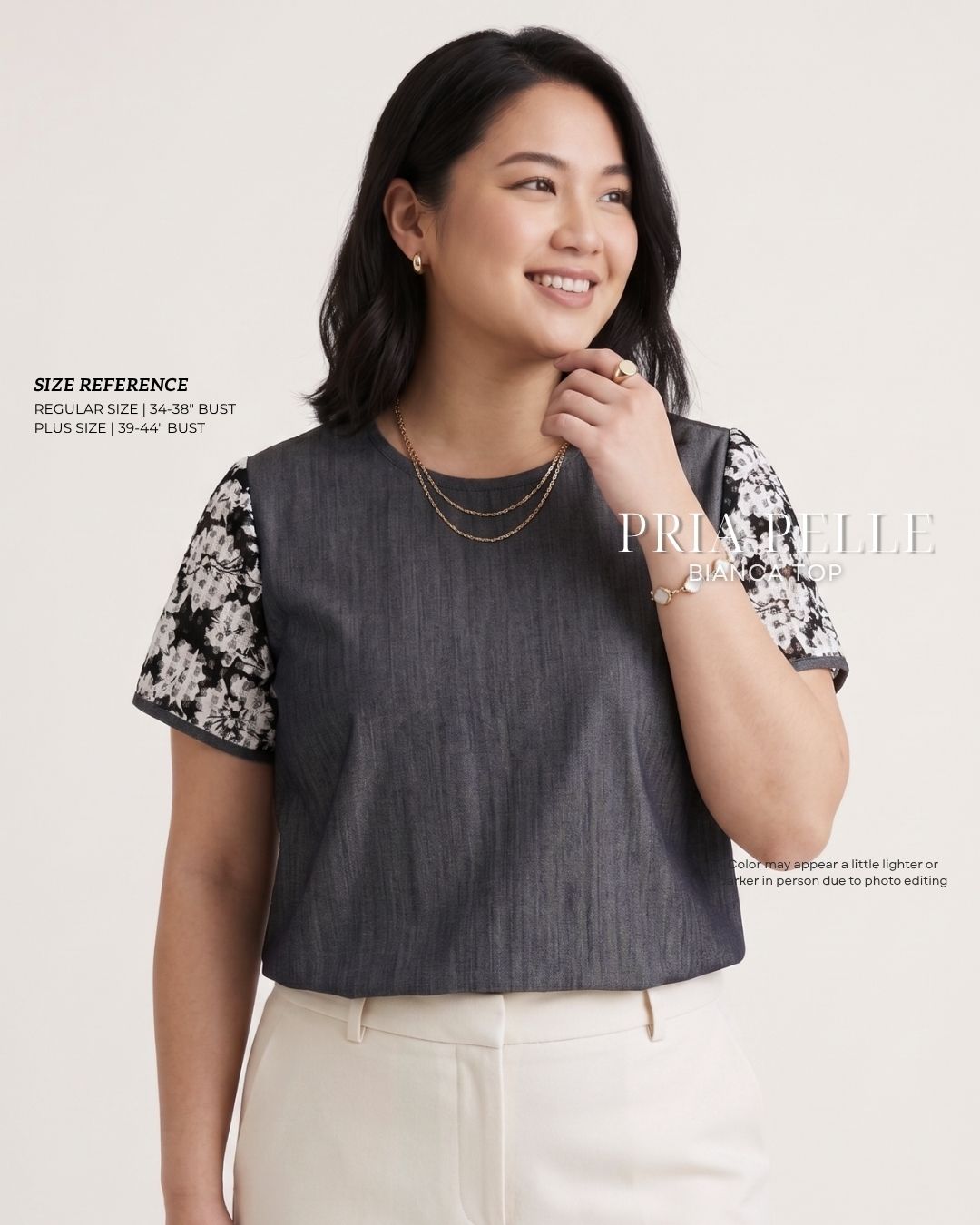 Pria Pelle Bianca Laced Sleeve Top - Denim Charcoal - Non Stretch