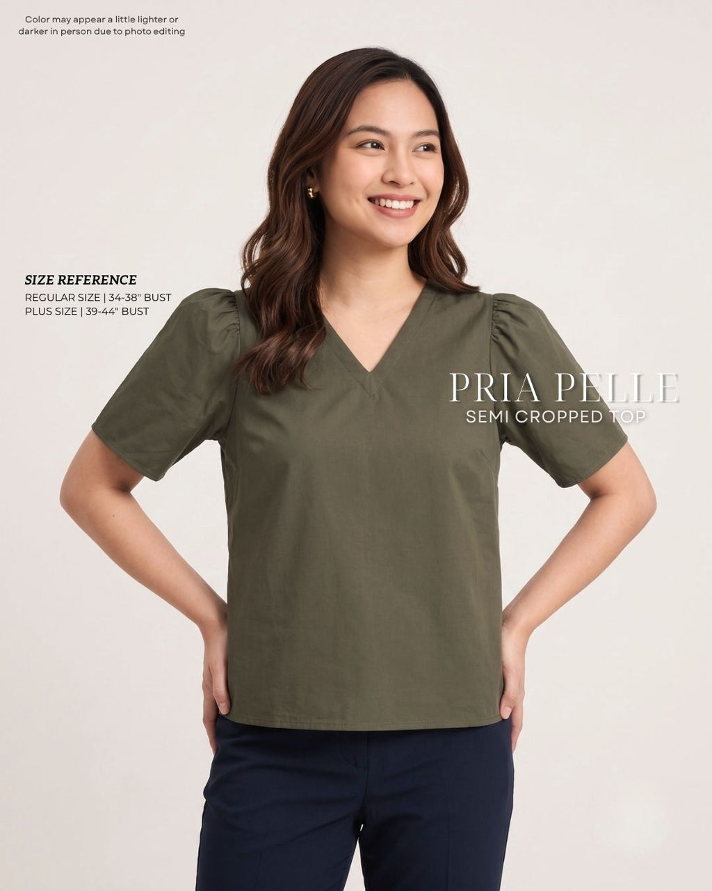 Pria Pelle Grace V-Neck Shirred Top - Cotton Blend Army Green | Non Stretch