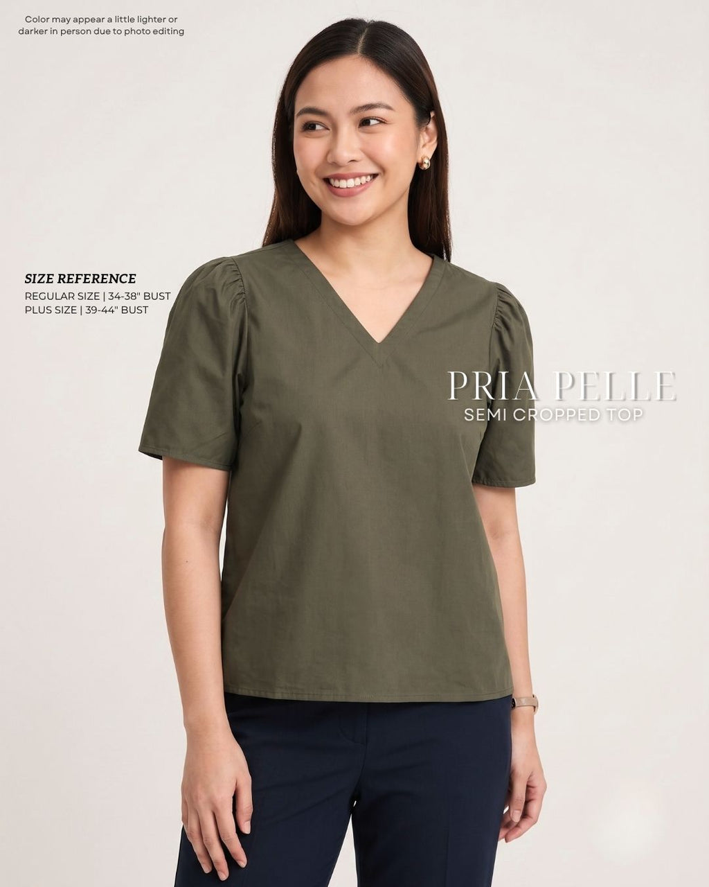 Pria Pelle Grace V-Neck Shirred Top - Cotton Blend Army Green | Non Stretch