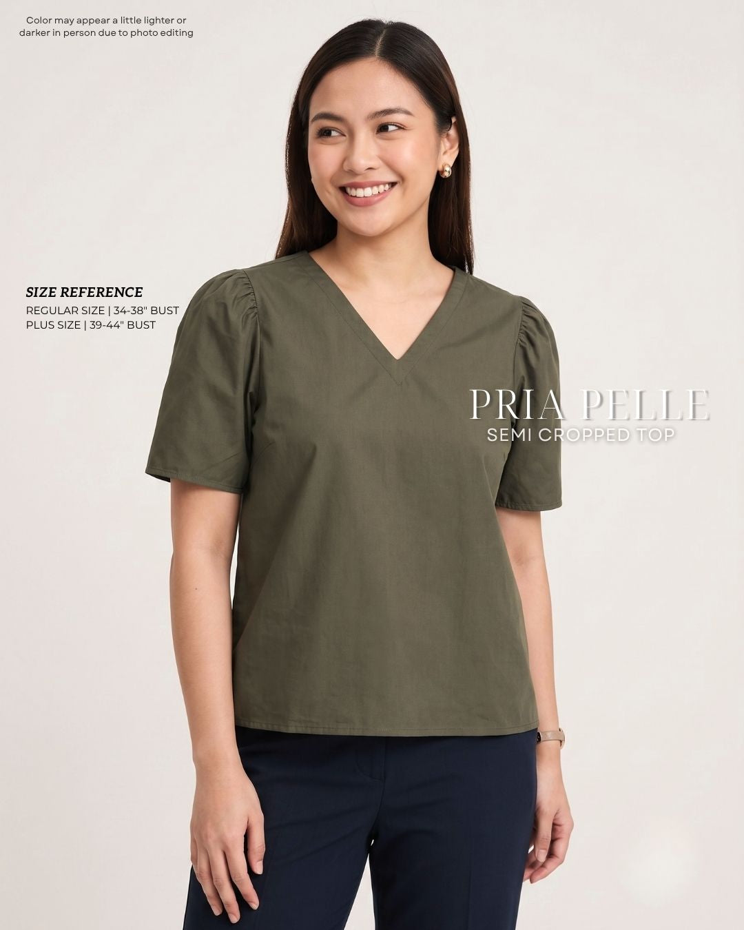 Pria Pelle Grace V-Neck Shirred Top - Cotton Blend Army Green | Non Stretch