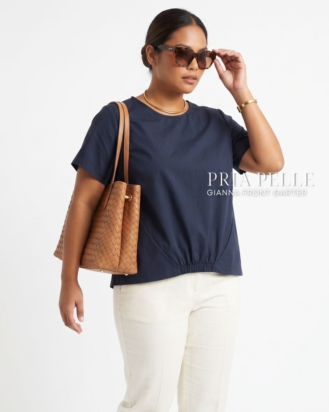 Pria Pelle Gianna Front Garter Top - Cotton Blend Midnight Blue | Non Stretch