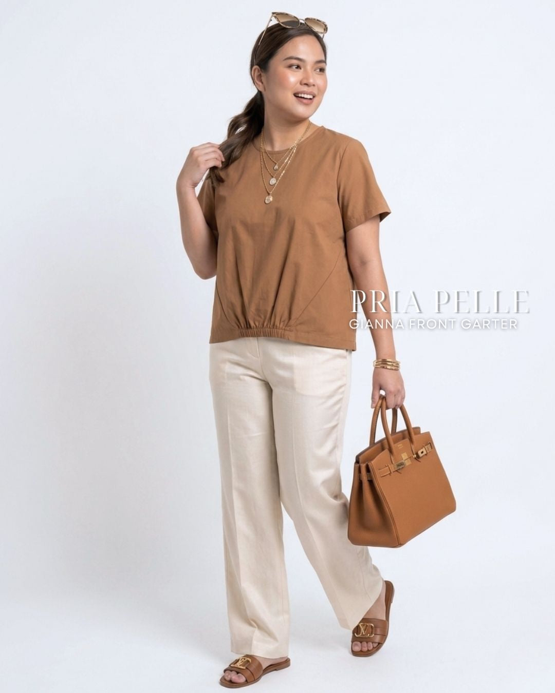 Pria Pelle Gianna Front Garter Top - Cotton Blend Warm Mocha | Non Stretch