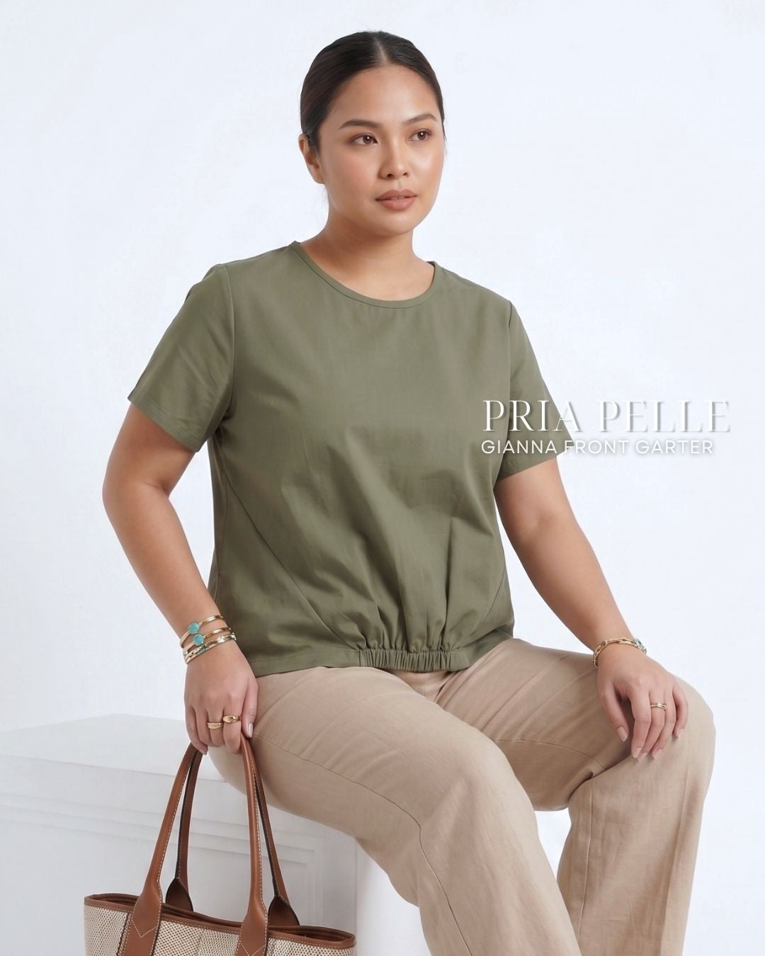 Pria Pelle Gianna Front Garter Top - Cotton Blend Dark Olive | Non Stretch