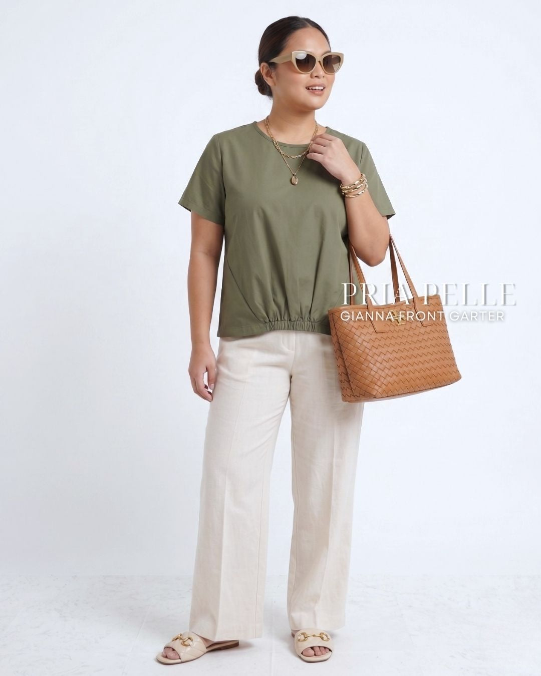 Pria Pelle Gianna Front Garter Top - Cotton Blend Dark Olive | Non Stretch