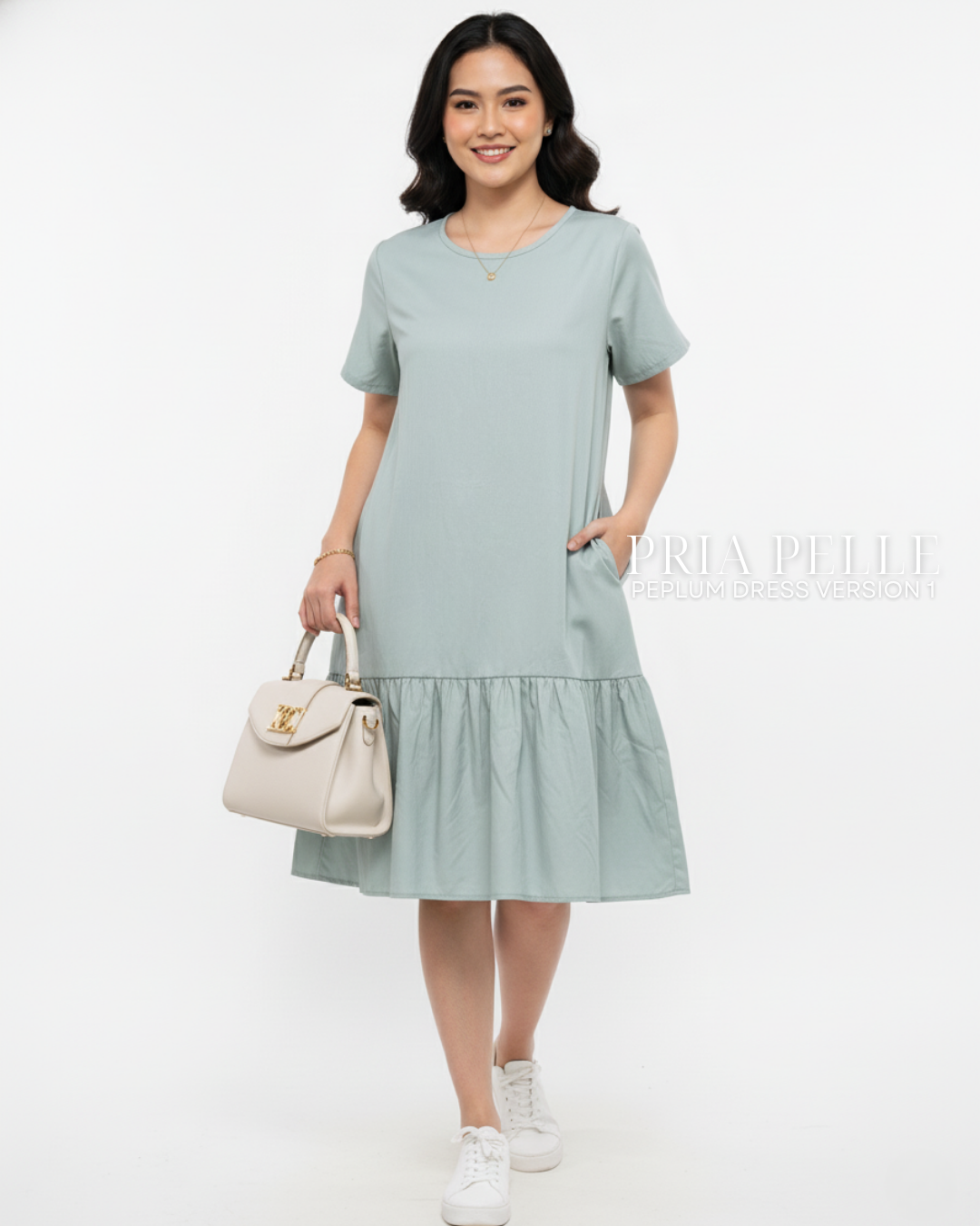 Pria Pelle Peplum Dress Version 1 | Twill Blend Light Sage - Non Stretch