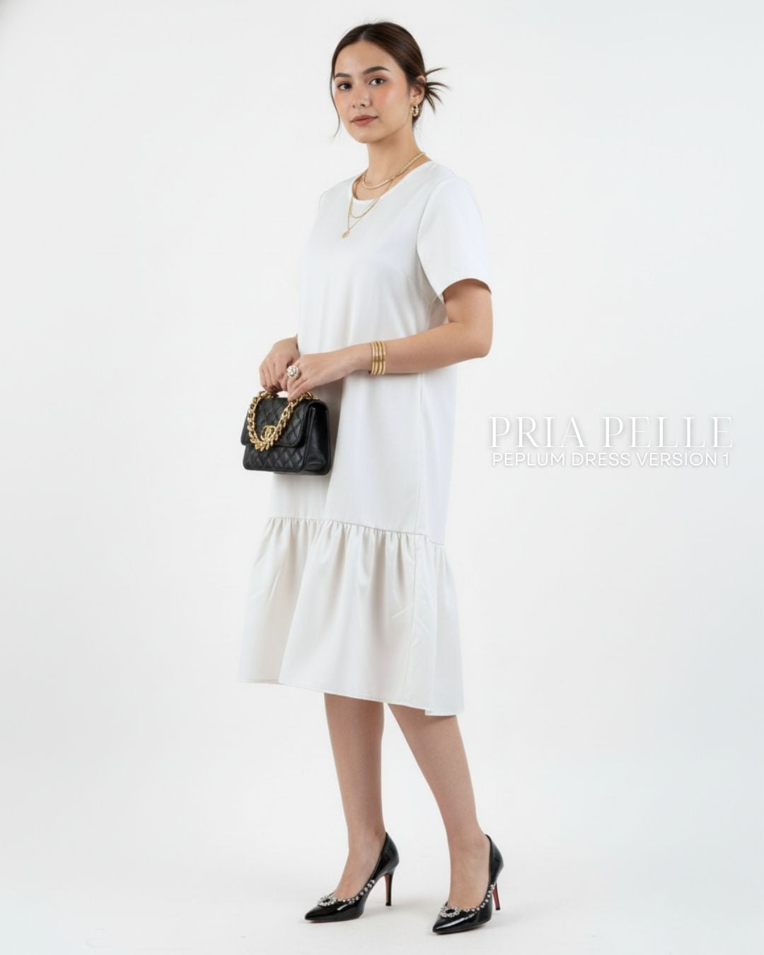 Pria Pelle Peplum Dress Version 1 | Cotton Blend Off White - Non Stretch