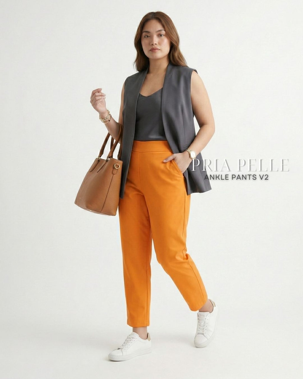 Pria Pelle Ankle Pants Version 2 | Back Garter - Cotton Twill Light Orange | Non Stretch