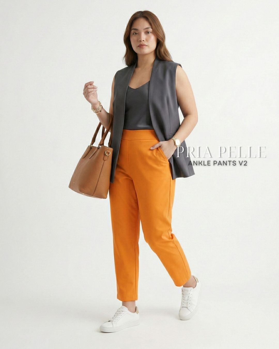 Pria Pelle Ankle Pants Version 2 | Back Garter - Cotton Twill Light Orange | Non Stretch