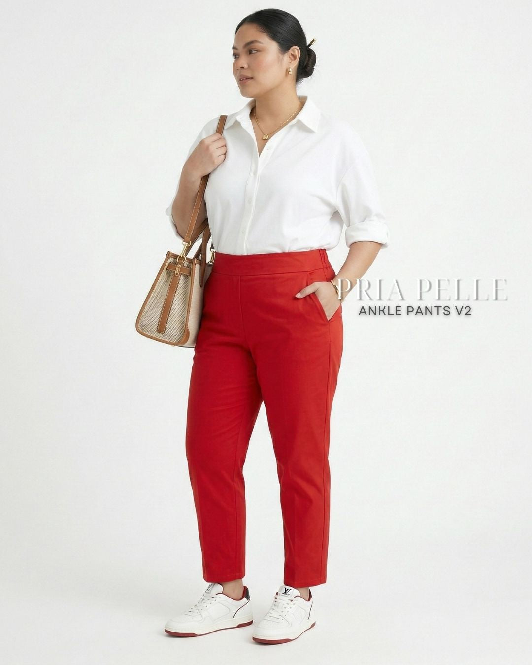 Pria Pelle Ankle Pants Version 2 | Back Garter - Cotton Twill Scarlet Red | Non Stretch